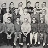 Alt text: Yearbook group photo of about 28 Galesburg High School Boys Forum members in three rows^ wearing button-down shirts and sweaters