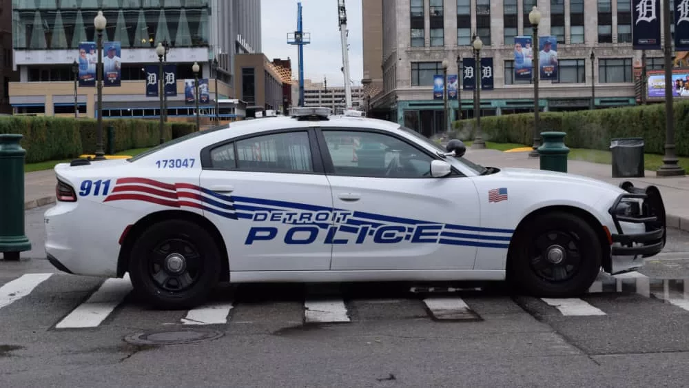 Detroit police car in front of Comerica Park