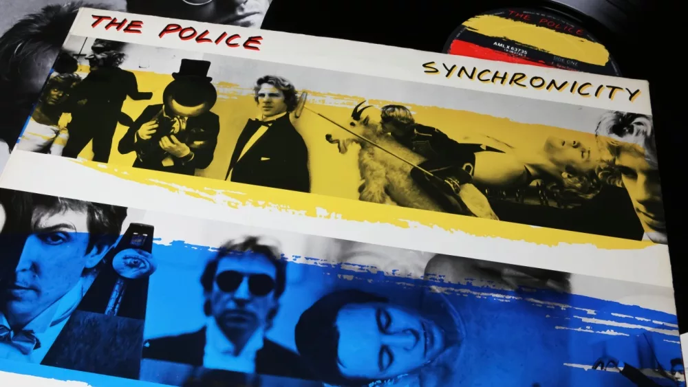 Closeup of The Police vinyl record album cover Synchronicity from 1983 (focus on center)