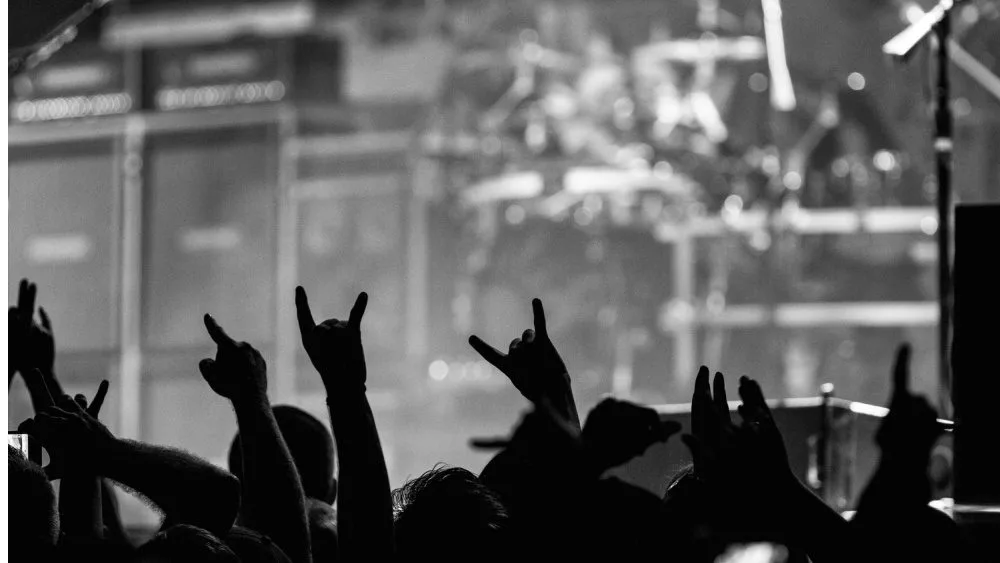 crowd holding up fingers in 'rock on' signs at rock concert/silhouette