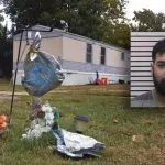 A memorial for 8-year-old Leland Arnett pictured in front of the trailer where the family lived on Hickory Street in DeSoto. Marcus Moultrie^ pictured^ pleaded guilty to killing him. (Capitol News Illinois illustration; Photo by Brayden Guy^ Daily Egyptian; mugshot from Jackson County Jail)