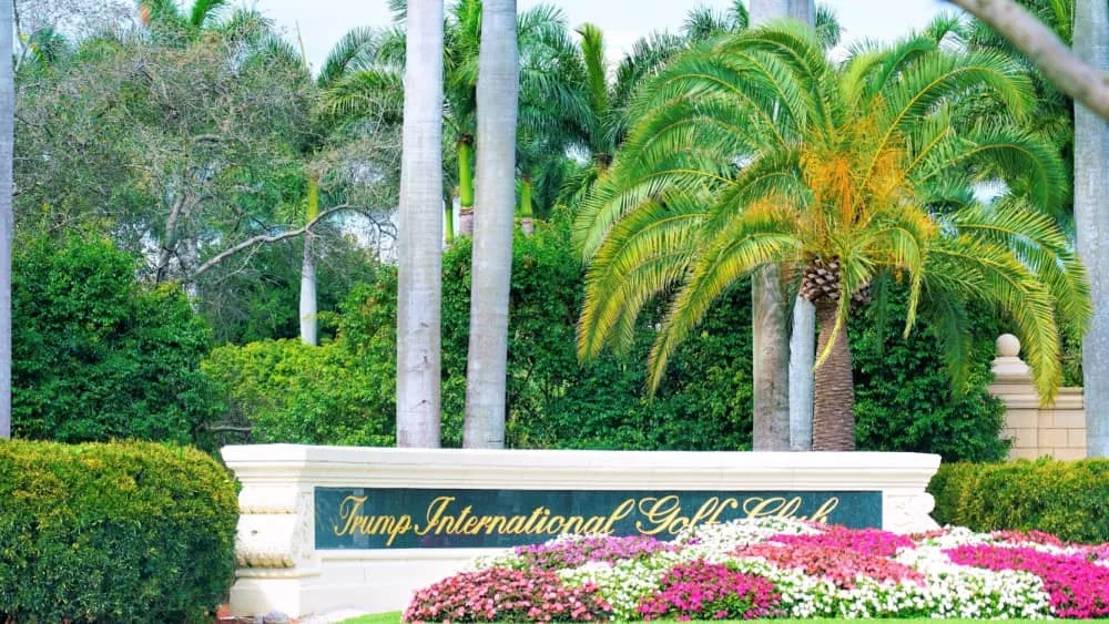 The entrance sign to President Donald Trump International Golf Club in West Palm Beach^ Florida USA on Feb 22^ 2019