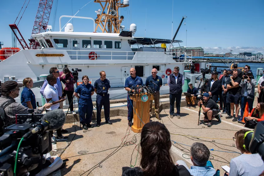 US Coast Guard (USCG) Captain Jamie Frederick speaks to reporters about the search efforts for the Titan submersible that went missing near the wreck of the Titanic, at Coast Guard Base in Boston, Massachusetts, on June 21, 2023.