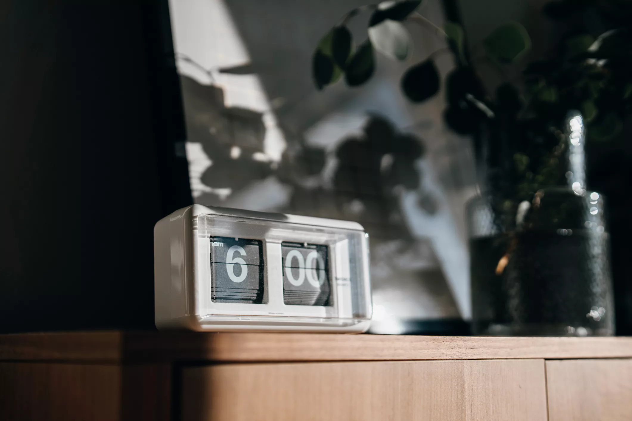 a-white-digital-flip-clock-shows-six-oclock-on-a-brown-wooden-cabinet-next-to-a-fresh-eucalyptus-plant-in-the-living-room-with-sunbeam-shining-through-the-window-on-a-fresh-beautiful-morning-a-bran