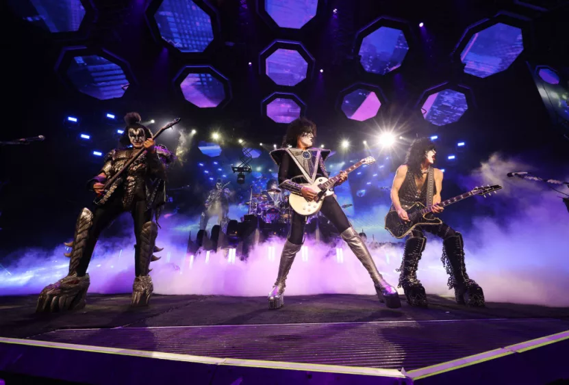 NEW YORK, NEW YORK - DECEMBER 02: Gene Simmons, Tommy Thayer and Paul Stanley of KISS perform during the final show of KISS: End of the Road World Tour at Madison Square Garden on December 02, 2023 in New York City. (Photo by Kevin Mazur/Getty Images for Live Nation)