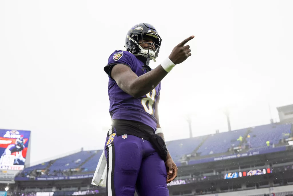 BALTIMORE, MARYLAND - DECEMBER 10: Lamar Jackson #8 of the Baltimore Ravens reacts prior to an NFL football game between the Baltimore Ravens and the Los Angeles Rams at M&T Bank Stadium on December 10, 2023 in Baltimore, Maryland. (Photo by Michael Owens/Getty Images)