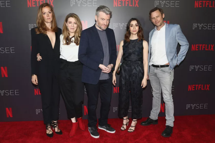 LOS ANGELES, CA - JUNE 06: Maja Meschede, Annabel Jones, Charlie Brooker, Cristin Milioti and Jimmi Simpson attend the FYSEE Event for Netflix's "Black Mirror" at Netflix FYSEE At Raleigh Studios on June 6, 2018 in Los Angeles, California. (Photo by Tommaso Boddi/Getty Images)