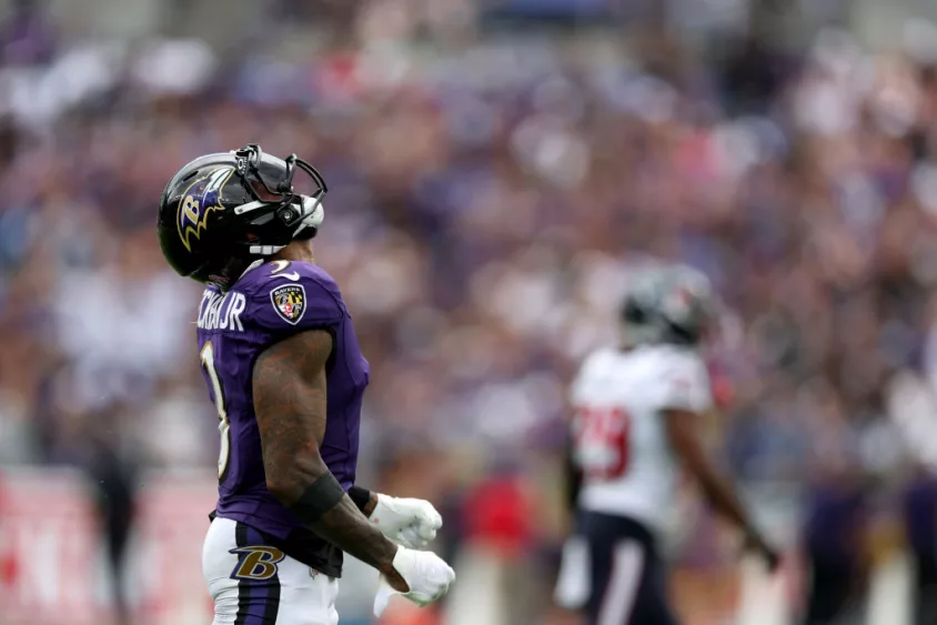 BALTIMORE, MARYLAND - SEPTEMBER 10: Wide receiver Odell Beckham Jr. #3 of the Baltimore Ravens celebrates after catching a pass against the Houston Texans at M&T Bank Stadium on September 10, 2023 in Baltimore, Maryland. (Photo by Rob Carr/Getty Images)