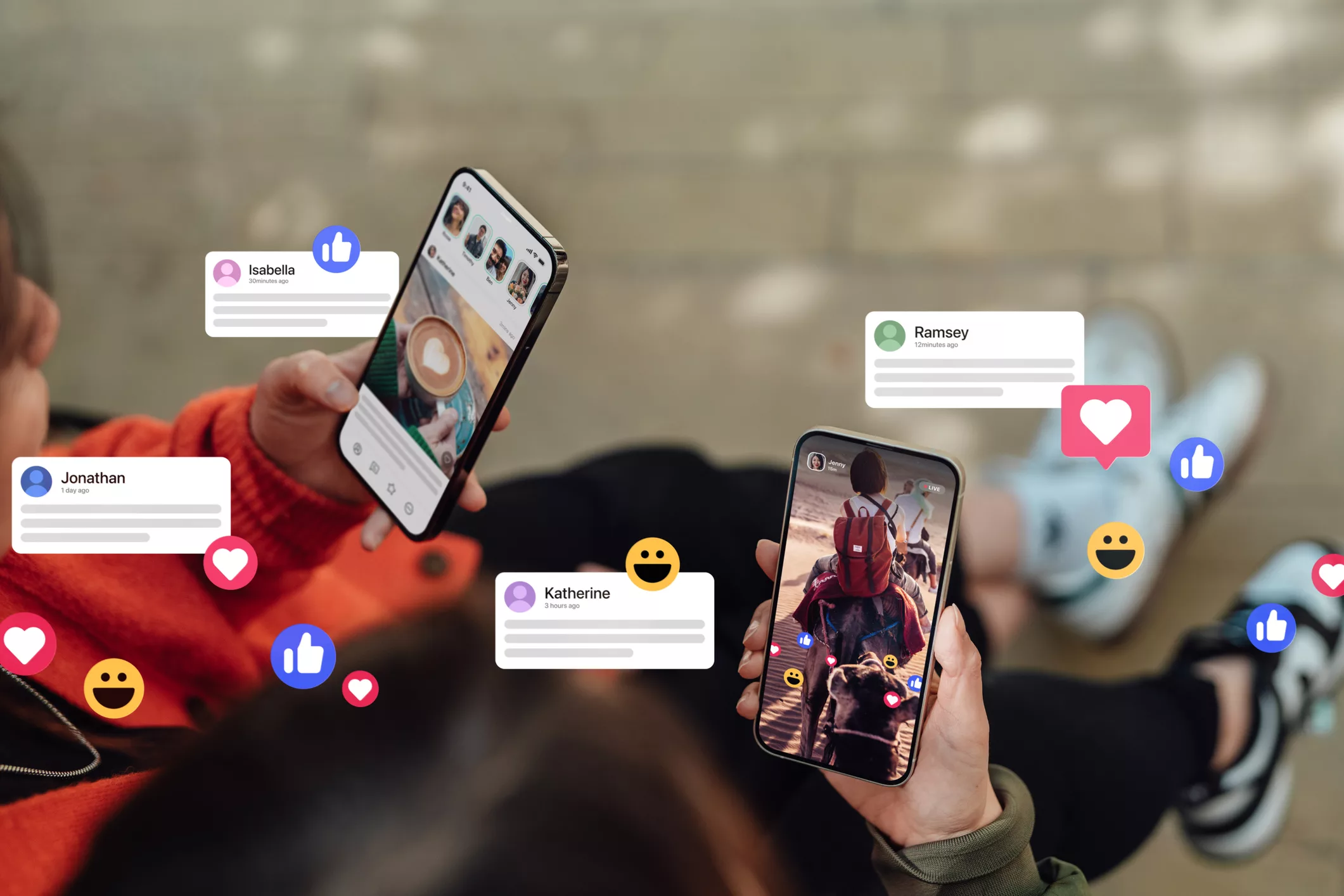 closeup-of-two-friends-commenting-and-giving-likes-on-social-media-platform-via-smartphone