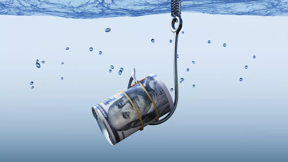 us-100-dollar-bank-roll-on-a-fishing-hook-under-bluish-water-illustration-of-the-concept-of-bait-money-lure-or-bait-bills