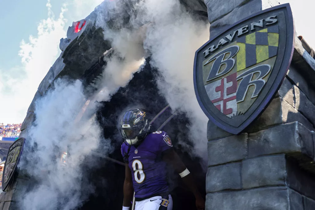 BALTIMORE, MARYLAND - SEPTEMBER 18: Lamar Jackson #8 of the Baltimore Ravens takes the field before a game against the Miami Dolphins at M&T Bank Stadium on September 18, 2022 in Baltimore, Maryland.