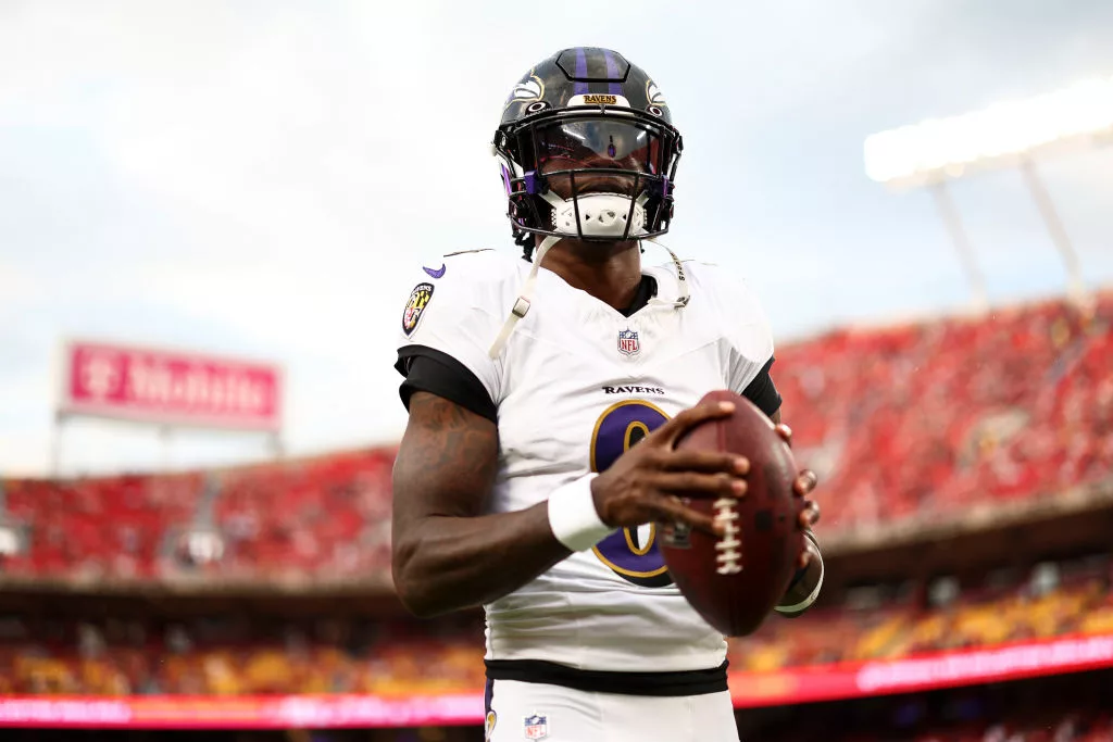 KANSAS CITY, MO - SEPTEMBER 05: Lamar Jackson #8 of the Baltimore Ravens warms up prior to an NFL football game against the Kansas City Chiefs at GEHA Field at Arrowhead Stadium on September 5, 2024 in Kansas City, MO. 