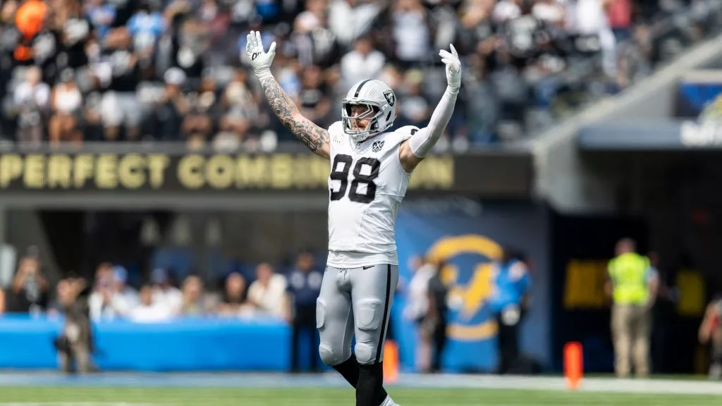 INGLEWOOD, CALIFORNIA - SEPTEMBER 08: Maxx Crosby #98 of the Las Vegas Raiders reacts during an NFL football game between the Los Angeles Chargers and the Las Vegas Raiders at SoFi Stadium on September 08, 2024 in Inglewood, California. (Photo by Michael Owens/Getty Images)