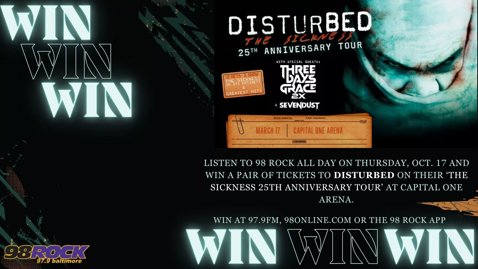 This Thursday, October 17th, 98 Rock is cranking up the volume and giving you the chance to WIN not just ONE but TWO tickets to see Disturbed LIVE at Capital One Arena on their epic ‘The Sickness 25th Anniversary Tour!’