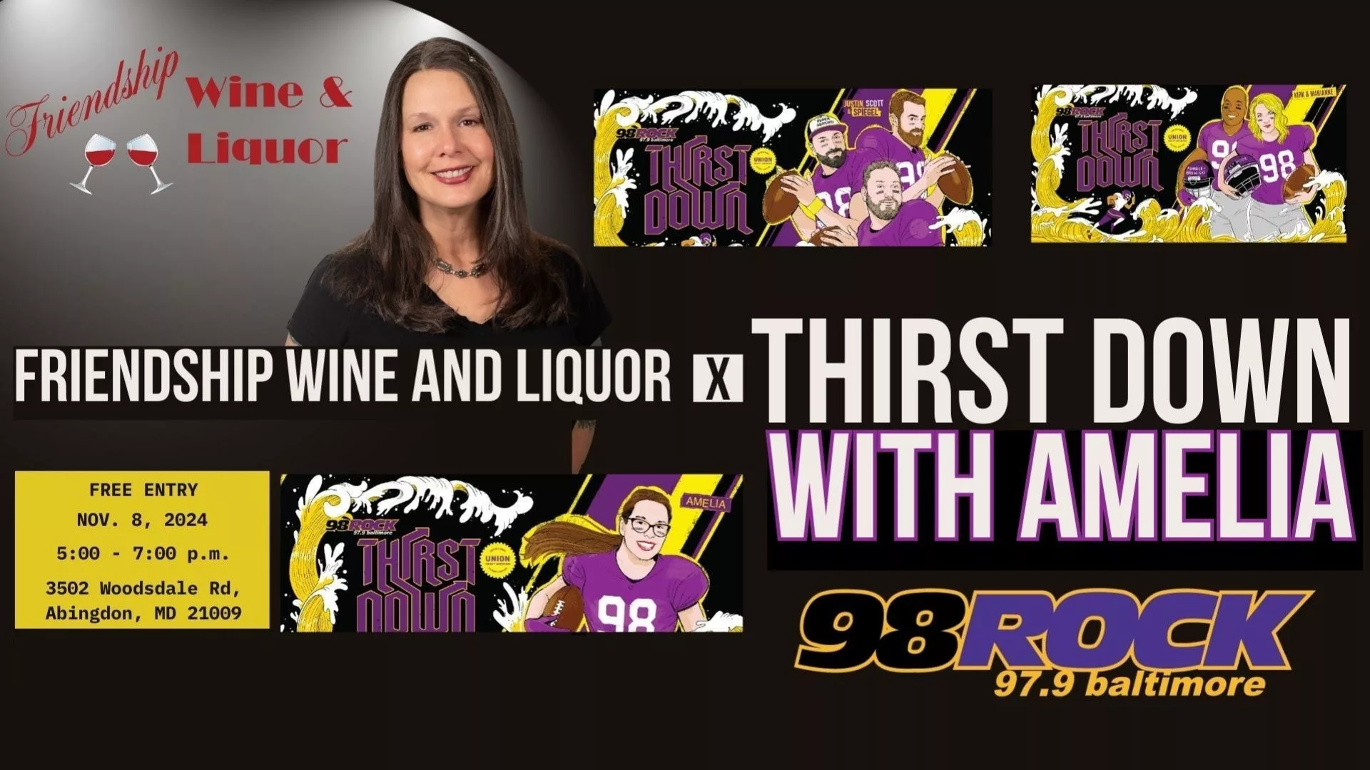 graphic promoting thirst down and friendship wine and liquor event hosted by 98 rock's amelia ryerse on nov 8