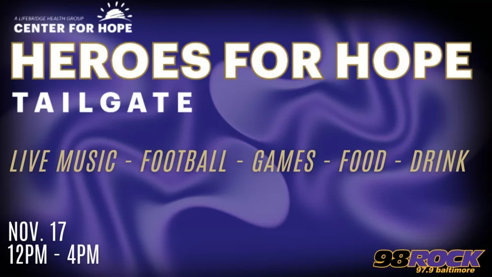 Join the Center for Hope for their Heroes for Hope Tailgate as the Ravens take on the Steelers! Get set to enjoy food, drink, games and, of course, opportunities to give back to the mission that is at the heart of Center for Hope! Enjoy LIVE music as Sons of Pirates take the stage! A day of family fun with plenty of food, drink and games. It all goes down Sunday, Nov. 17 from 12 p.m. to 4 p.m. Kickoff: 1:00 p.m. - Watch it on the Jumbo Screen Center for Hope Address:  5400 Preakness Way, Baltimore, MD 21215