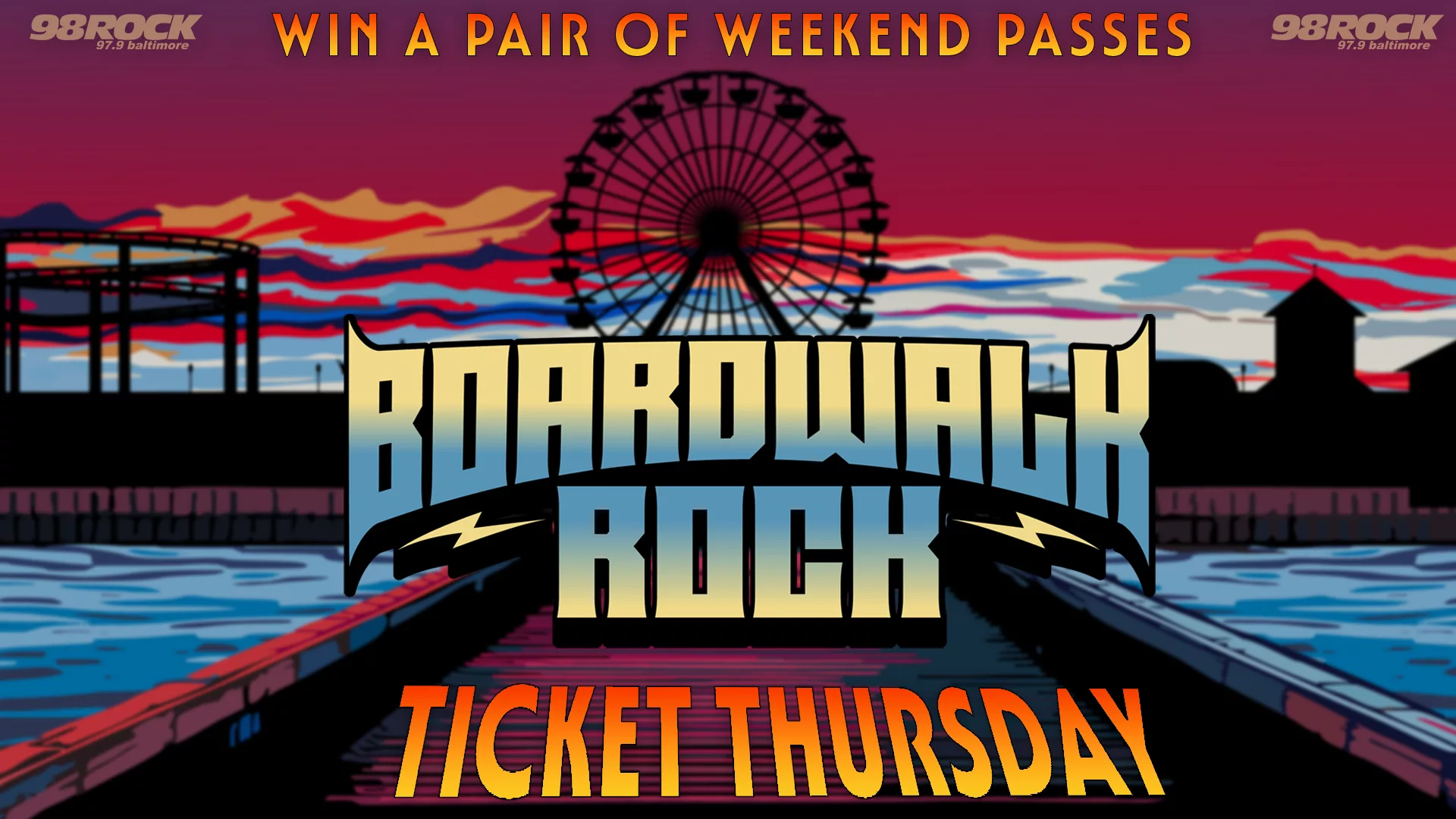 98 rock ticket thursday, giving tickets to ocean city's BOARDWALK ROCK festival in may 2025 - listen to 98 rock ALL DAY on thursday dec 11 to win a pair of weekend passes to the newly annoucned OC Rock festival