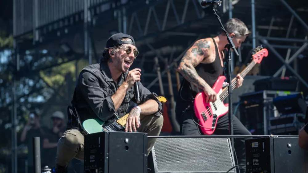 NAPA, CALIFORNIA - MAY 24: (L-R) Alex Gaskarth and Zack Merrick of All Time Low perform at 2024 BottleRock at Napa Valley Expo on May 24, 2024 in Napa, California. (Photo by Miikka Skaffari/FilmMagic)