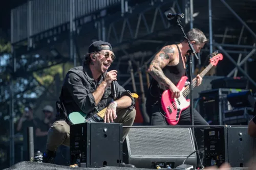 NAPA, CALIFORNIA - MAY 24: (L-R) Alex Gaskarth and Zack Merrick of All Time Low perform at 2024 BottleRock at Napa Valley Expo on May 24, 2024 in Napa, California. (Photo by Miikka Skaffari/FilmMagic)