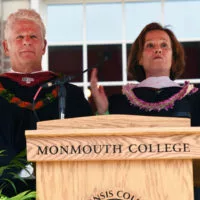 Actress Sigourney Weaver and her writer/director husband^ Jim Simpson deliver the commencement address Sunday^ May 19^ at Monmouth College's 2024 graduation^ held on the College's Wallace Hall Plaza. They were both presented with a doctor of humane letters by the College.
