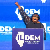 Pam Davidson^ Democratic chair for Knox County^ delivers a fiery speech to Democrats at the annual Illinois Democratic County Chairs’ Association brunch in Springfield Wednesday. (Capitol News Illinois photo by Jerry Nowicki)