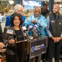 Democratic Party of Illinois Chair Elizabeth “Lisa” Hernandez speaks at an election day news conference. She is joined by other elected Illinois Democrats^ including U.S. Sen. Dick Durbin^ U.S. Rep. Danny Davis and Cook County Board President Toni Preckwinkle^ among others.