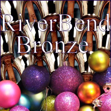 A photo of Christmas ornaments and hand bells with the phrase "Riverbend Bronze.""