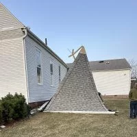 A storm that packed winds between 60 and 80 mph ripped off the steeple of the historic Gerlaw Christian Church on Friday^ March 14^ 2025. (Photo courtesy Gerlaw Christian Church)