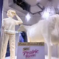 The 2025 Illinois State Fair butter cow is pictured in the Dairy Building on the Illinois State Fairgrounds. The 2025 fair theme is “Adventure Awaits.” (Capitol News Illinois photo by Jerry Nowicki)