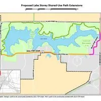 Proposed Lake Storey shared-use path extensions map^ showing existing path in green^ 2021 ITEP grant phase in orange^ and 2023 ITEP grant phase in pink