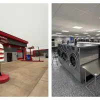 Split view of Sudzy’s Laundromat interior and Precision Touchless Car Wash exterior in Galesburg