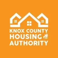Knox County Housing Authority logo featuring three white house silhouettes on an orange background with bold white text and a family icon