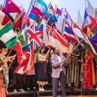 Knox College students in flag parade at International Fair^ Kresge Recital Hall^ Galesburg