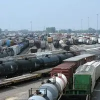 erial view of BNSF Railway classification yard in Galesburg^ Illinois^ showing multiple tracks with freight cars
