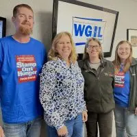 Russell Oberhake^ Katherine Seguino^ Rachel Crouch^ and Sarah Oberhake in the WGIL studios in Galesburg^ Illinois