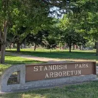 Standish Park Arboretum sign in downtown Galesburg^ Illinois^ June 2026