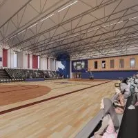 Architectural rendering of a basketball gymnasium with bleachers and a video board at the Charger Center