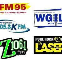 Logos of five Galesburg radio stations: FM 95 The Country Station^ WGIL 93.7 FM and 1400 AM^ today’s light rock 105.3 KFM^ Z106.1 FM and Pure Rock 92.7 FM The Laser.