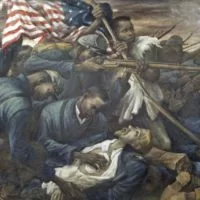 "The 54th Massachusetts regiment^ under the leadership of Colonel Shaw in the attack on Fort Wagner^ Morris Island^ South Carolina^ in 1863^" mural at the Recorder of Deeds building^ built in 1943. 515 D St.^ NW^ Washington^ D.C.