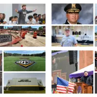 Collage of key 2025 Galesburg stories including Mayor Peter Schwartzman^ Taylor Thiel coaching^ police chief portrait^ Grandview Restaurant sign^ construction sites^ Orange Cup Sidecar mural reflection^ artificial turf field^ Kimbrough Fieldhouse^ groundbreaking ceremonies^ and Western Smokehouse Partners logo.