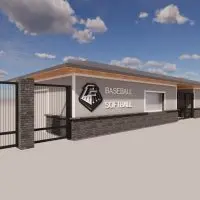 3D rendering of the new baseball and softball concessions and storage building at Bednar Complex in Galesburg^ showing fence^ gate^ and branding.