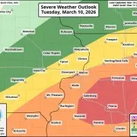 National Weather Service severe weather outlook map showing Galesburg and Knox County at enhanced to moderate risk^ March 10^ 2026.