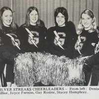 Galesburg High School Silver Streaks cheerleaders at the 1976 IHSA state basketball tournament — Denise Bevard^ Laurie Scott^ Vicki Hillier^ Joyce Furniss^ Gay Rosine^ Stacey Humphrey