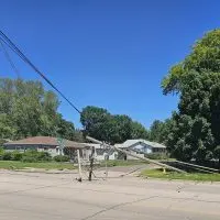 Downed Ameren Illinois utility pole at East Fremont Street and Moshier Avenue in Galesburg^ June 12^ 2026