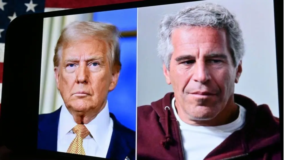 Editorial image showing U.S. President Donald Trump and Jeffrey Epstein on the screen. For editorial use only. New York U.S 27.07.2025