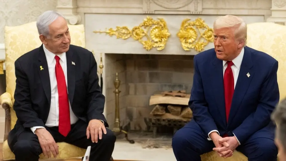 WASHINGTON D.C.^ USA - April 7^ 2025: United States President Donald Trump meets with Israeli Prime Minister Benjamin Netanyahu in the White House in Washington DC.