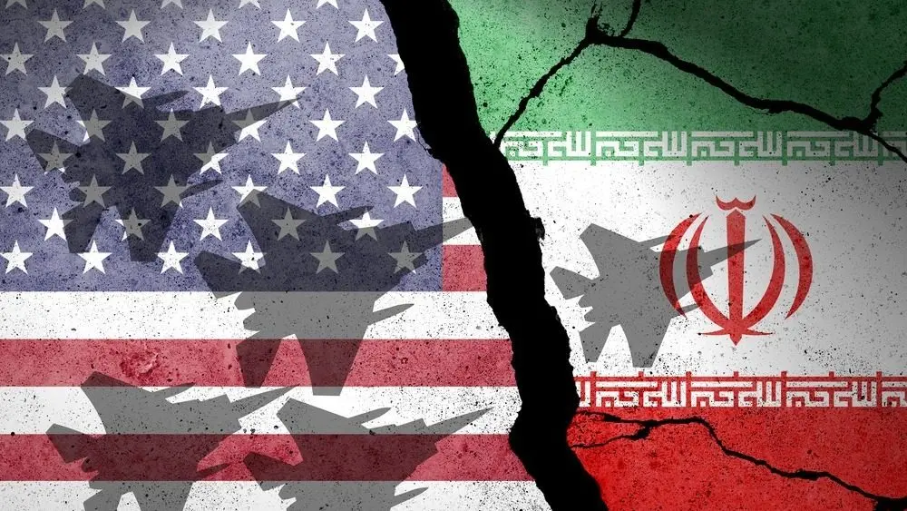 Flag of USA and Iran painted on a concrete wall with airplane shadows