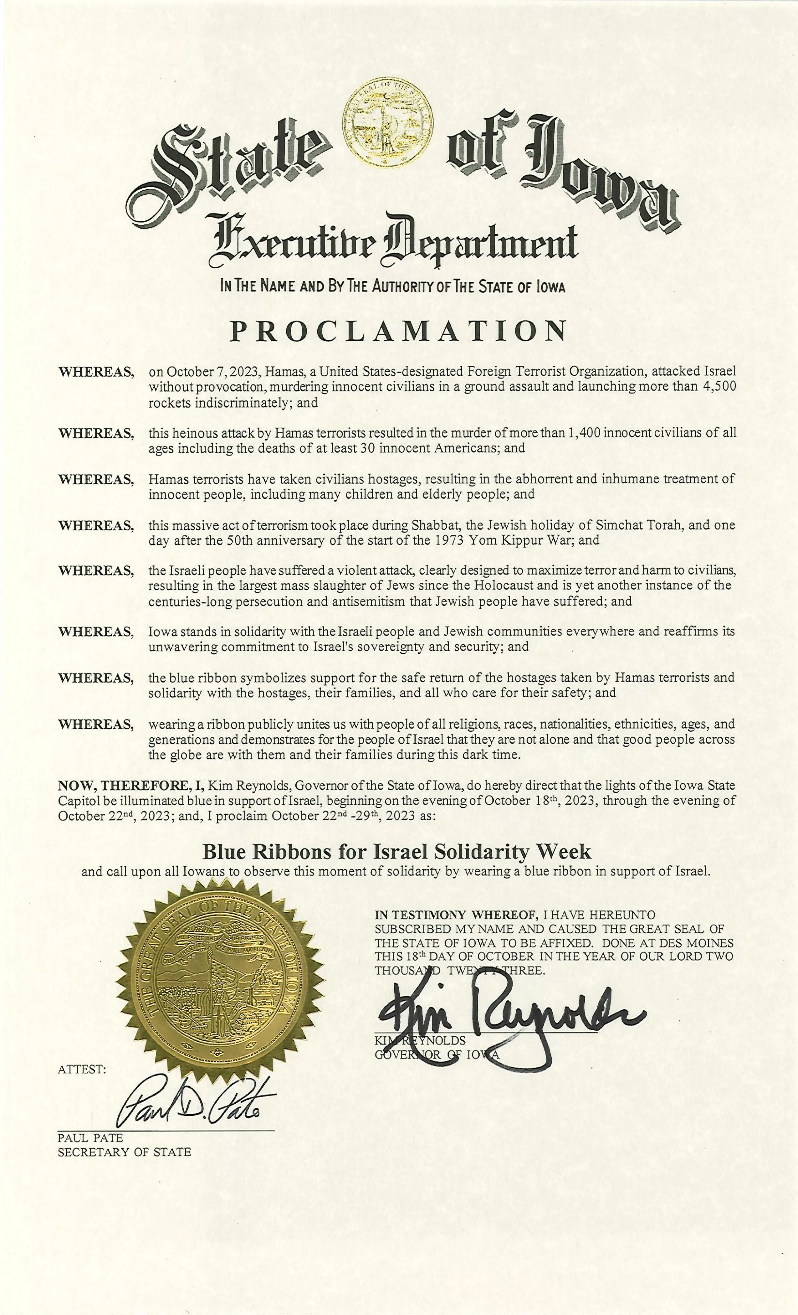 Gov. Reynolds Signs Proclamation Declaring Next Week Blue Ribbon Week