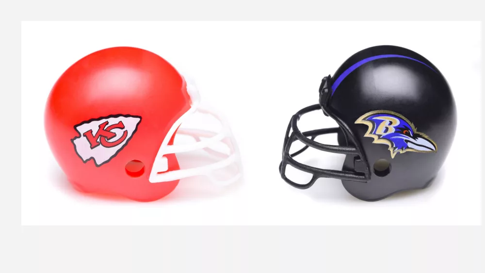 Helmets for the Kansas City Chiefs and Baltimore Ravens^ opponents in the NFL 2024 AFC Conference Championship game