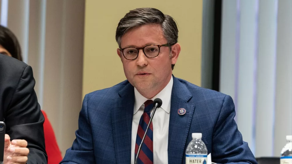 Congressman Mike Johnson (R) speaks during House Judiciary Committee field hearing on New York City violent crimes at Javits Federal Building in New York City on April 17^ 2023